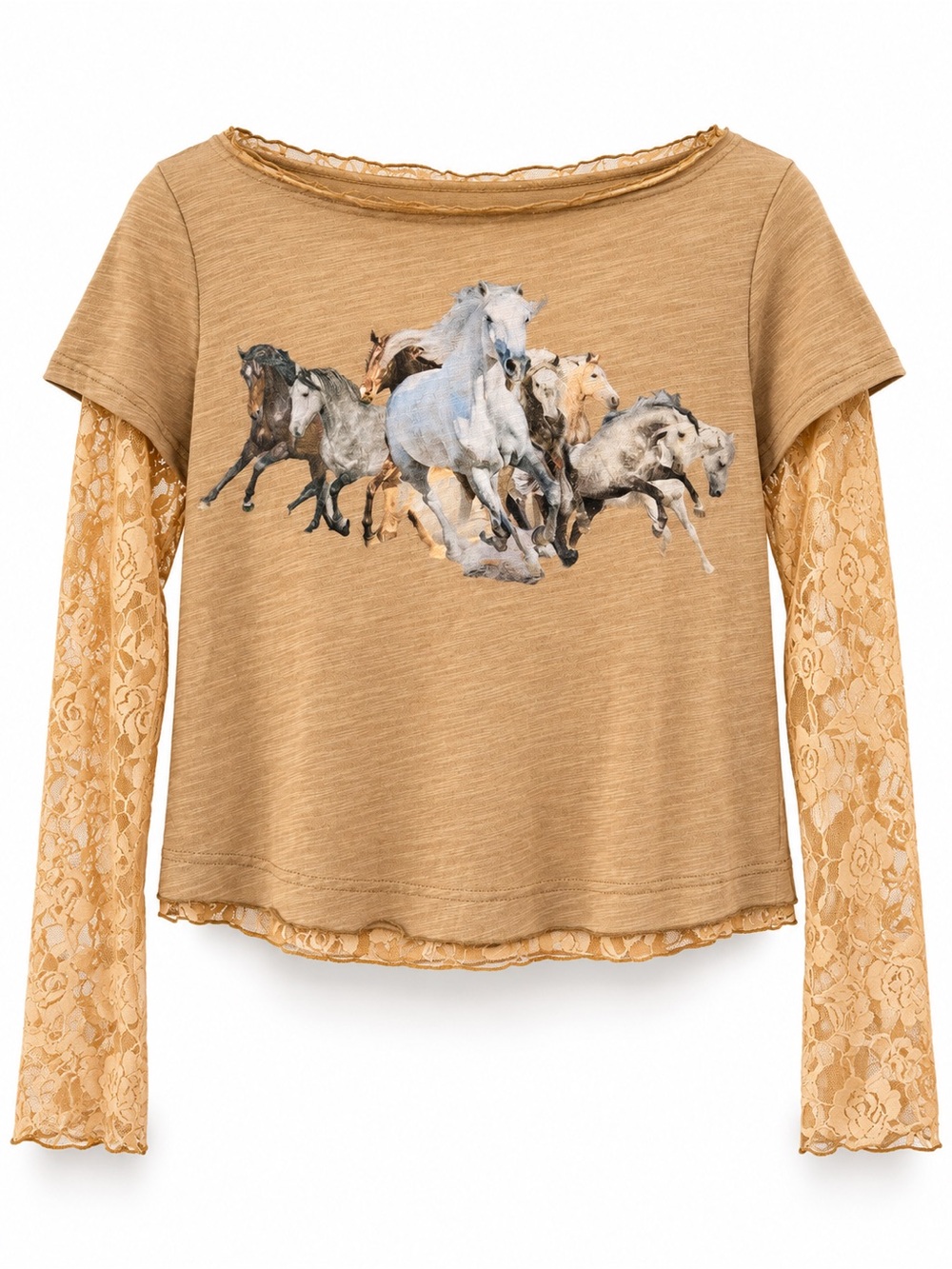 NEW blue b Tan Gray Brown Horse Equestrian Western Burnout Lace Sleeve T-shirt